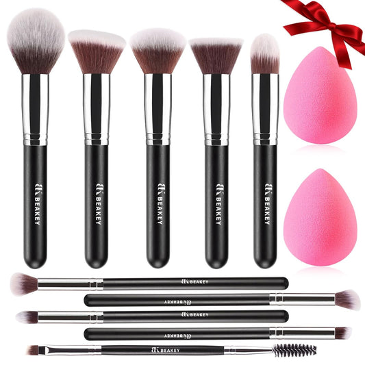 BEAKEY Makeup Brushes Set, Professional Foundation Eyeshadow Concealer Blush Powder Bronzer Applicator, 2 Blender Sponge with Beauty Paper Case, Valentines Day Gifts for Her